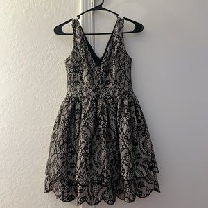 BEBE Black and Nude Lace Short, A-Line Dress, V-Neck, Scallop Hem, Lined, Size 2